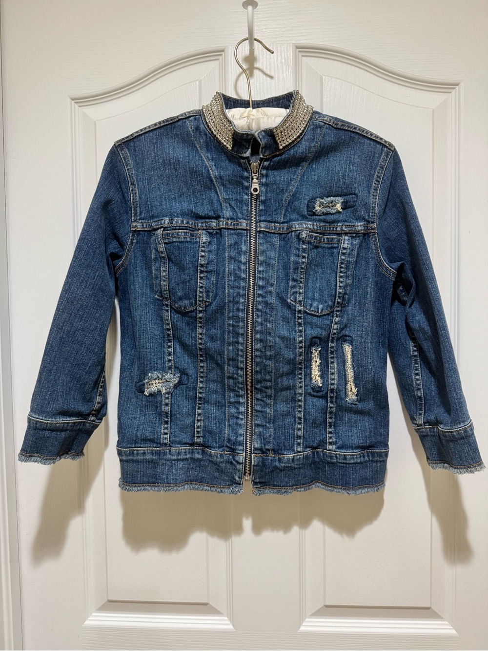 Allen B. Rhinestone Collar Fitted Denim Jacket Y2K Medium
